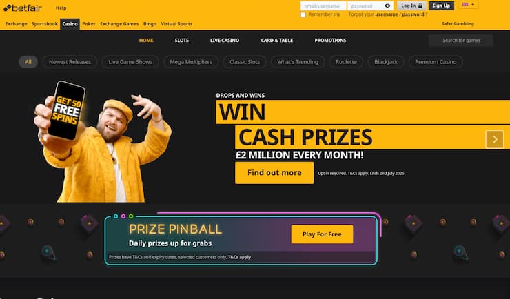 A snapshot of BetFair, one of our top rated non GamStop casinos.